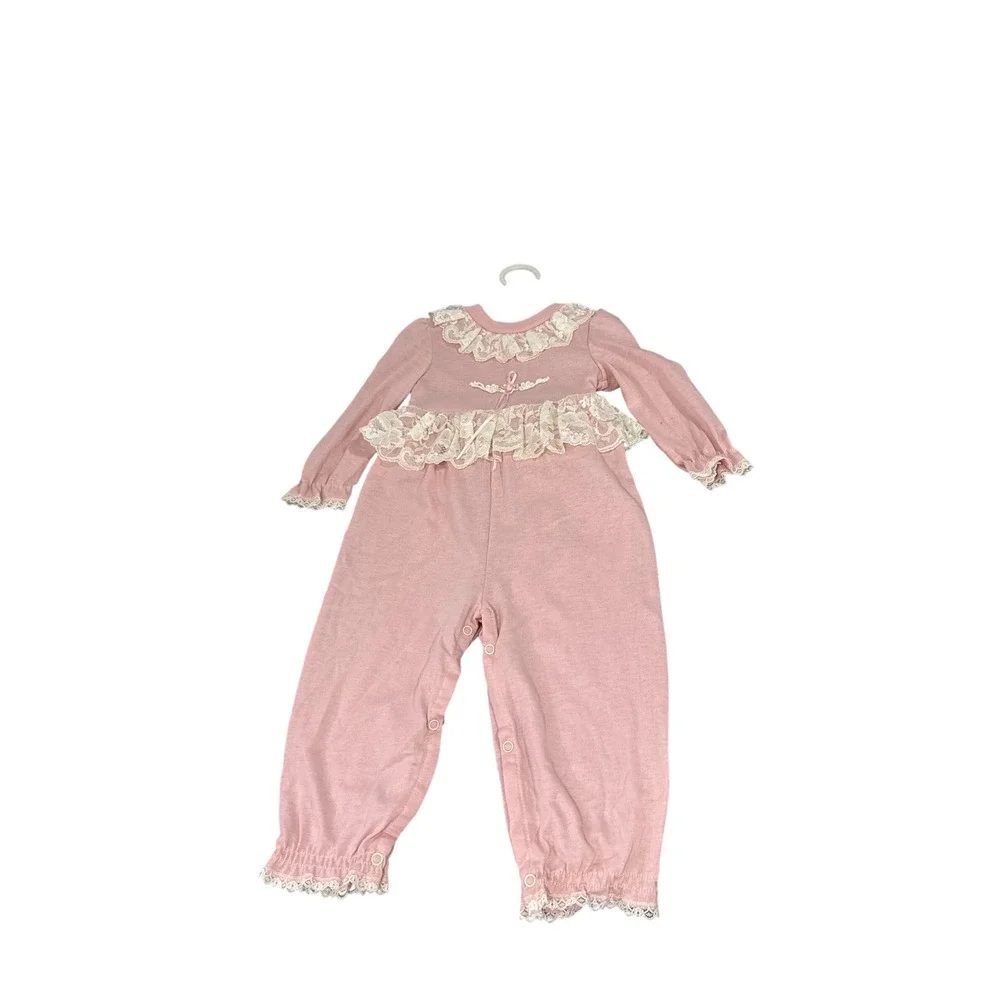Little Precious Vintage Pink Lace Ruffle Romper Long Sleeve Cottage Core 24M